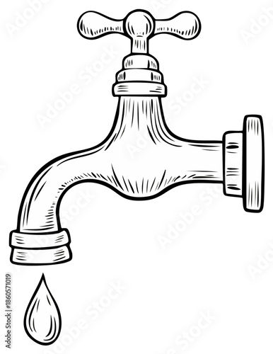 Ink drawing of a vintage water faucet with dripping waterdrop isolated