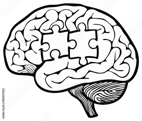 Brain with two connected jigsaw puzzle pieces, representing memory, intelligence, and human mind solution, problem solving, or cognitive function
