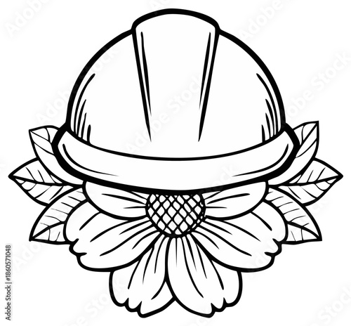 Construction Safety Hard Hat Resting on a Blooming Flower Line Art Illustration