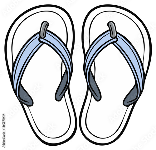 Cartoon illustration of a pair of blue and white flip-flops, isolated on white.