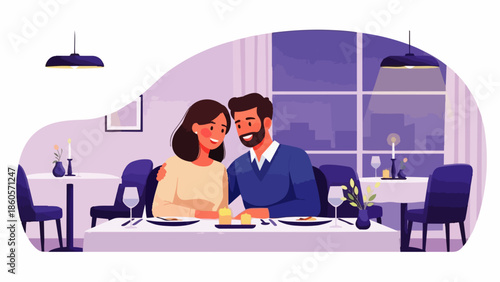Flat Vector of a couple enjoying a romantic dinner, complete with plates, wine, and candles on the table. Ideal for relationship visualization, lifestyle design, and emotional well-being content.