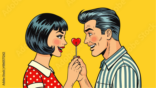 Pop art vector illustration of a romantic and flirty couple: a woman and a man standing face to face holding red heart-shaped lollipops. Ideal for love, romance, and retro themes.