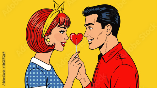 Pop art vector illustration of a romantic and flirty couple: a woman and a man standing face to face holding red heart-shaped lollipops. Ideal for love, romance, and retro themes.