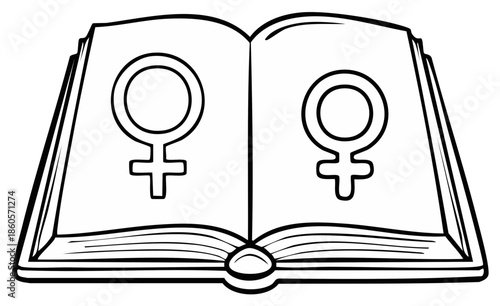 Open Book Displaying Female Gender Symbols in Simple Outline Illustration