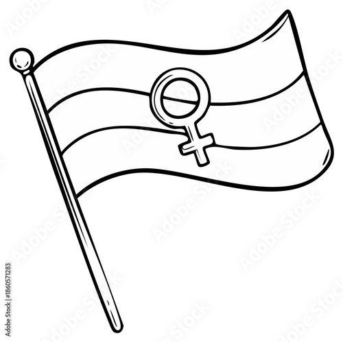 Black and white hand drawn flag of nonbinary feminism waving on a pole