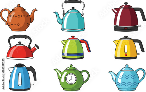 Kitchen kettle and teapot collection featuring various electric boiling pots and traditional stovetop tea kettles for home cooking and hot beverage design.