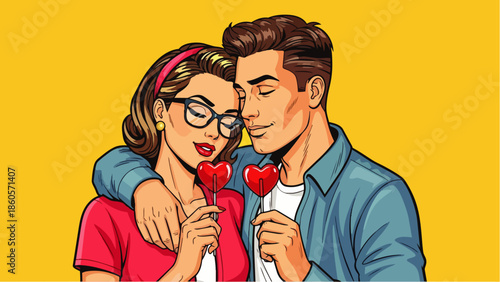 Pop art vector illustration of a romantic couple: a woman and a man standing close together, embracing, holding red heart-shaped lollipops. Ideal for love, romance, and retro themes.