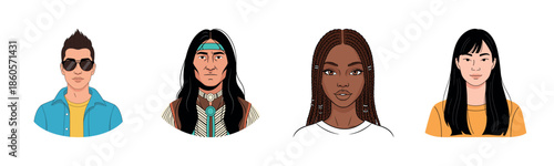 Diverse portraits: young caucasian male, native american male, african female, asian female
