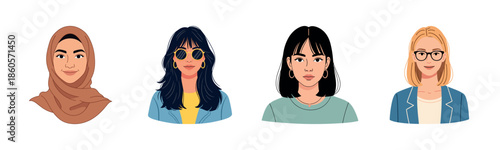 Diverse female portraits: hijabi, sunglasses, casual, blazer styles
