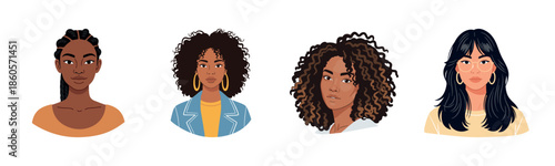 Diverse portraits of young women with various hairstyles and styles