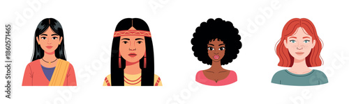 Diverse female portraits: asian, indigenous, african, caucasian, young women