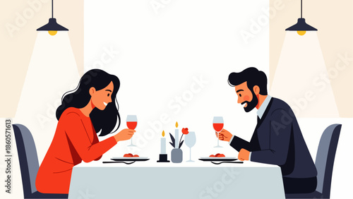 Flat Vector of a couple enjoying a romantic dinner, complete with plates, wine, and candles on the table. Ideal for relationship visualization, lifestyle design, and emotional well-being content.
