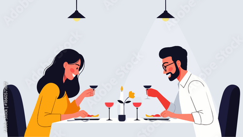 Flat Vector of a couple enjoying a romantic dinner, complete with plates, wine, and candles on the table. Ideal for relationship visualization, lifestyle design, and emotional well-being content.