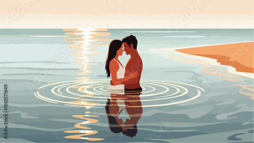 Flat vector illustration of a smiling man and woman looking at each other affectionately, standing facing each other in shallow sea water. A happy young couple sharing an intimate moment.
