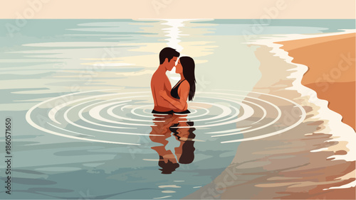 Flat vector illustration of a smiling man and woman looking at each other affectionately, standing facing each other in shallow sea water. A happy young couple sharing an intimate moment.