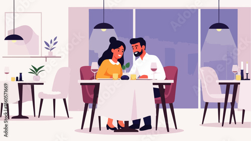 Flat Vector of a couple enjoying a romantic dinner, complete with plates, wine, and candles on the table. Ideal for relationship visualization, lifestyle design, and emotional well-being content.