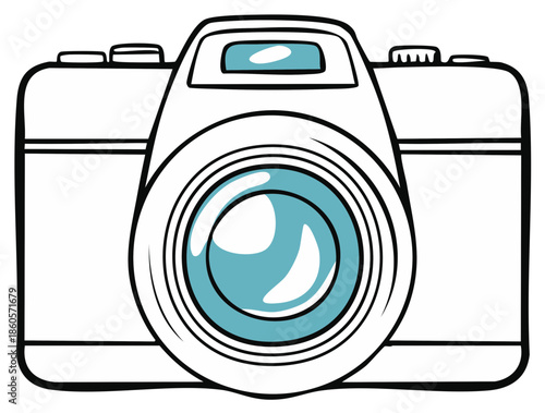 Front view of a stylized white digital camera with a bright turquoise lens