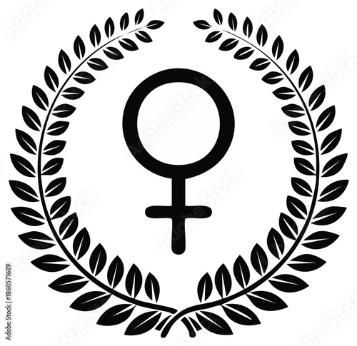 Female symbol within a black laurel wreath representing achievement and recognition