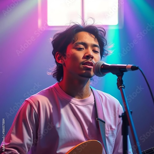 A vibrant pastel aura surrounds the moment of a dedicated performer's sonic journey,  performer,  vibrant