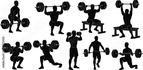 Weightlifting exercise silhouette icon set, barbell, dumbbell, strength training, gym workout, fitness posture, vector illustration, black pictogram graphic