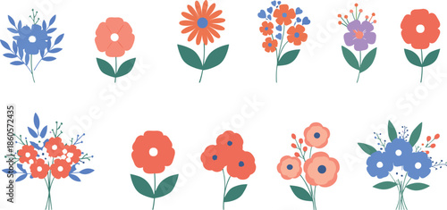 Floral bouquet and blossom collection featuring simple colorful flowers with green leaves for wedding invitations greeting cards spring decor and romantic vector.