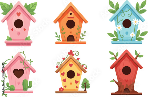 Decorative birdhouse collection featuring colorful wooden nesting boxes with hearts flowers and leaves for garden decor spring nature and backyard wildlife vector design.
