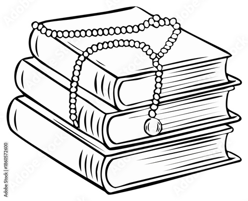 Stack of Three Open Books with Prayer Beads Resting on Top Isolated on White Background