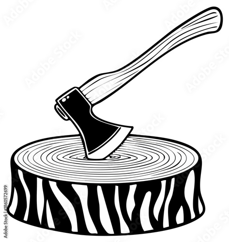 Black and white graphic illustration of an axe embedded in a tree stump