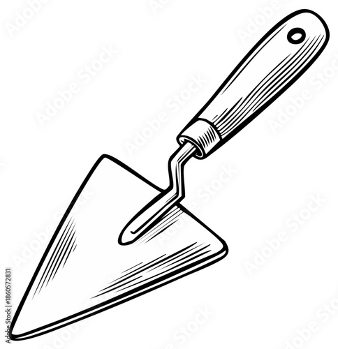 Illustration of a triangular gardening trowel with a wooden handle isolated on a white background