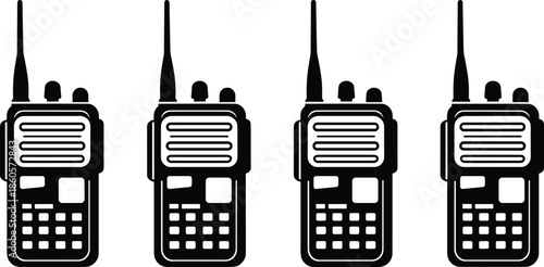 Black walkie-talkie icon set, communication device silhouette, two-way radio, wireless transmitter, handheld radio, emergency communication, portable transceiver.