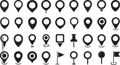 location icon, map pin icons in outline, black, and red styles. for maps, GPS, navigation apps, location markers, address indications, and geolocation interfaces