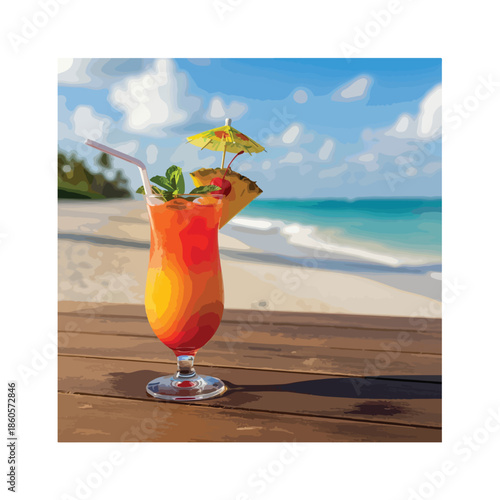 Tropical Beach Breeze Colorful Sunset Cocktail with Umbrella Lime Slice, Relaxing Oceanside Paradise