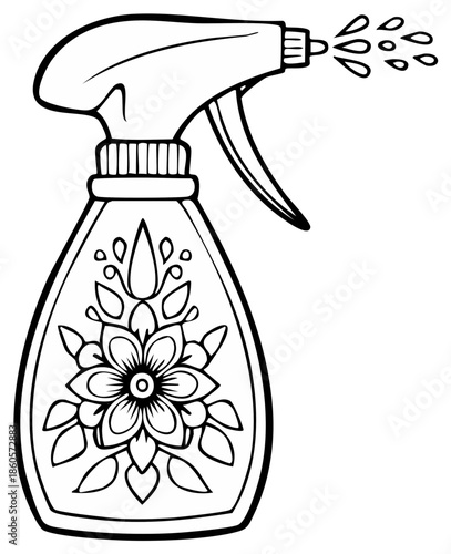 Hand drawn illustration of a decorative spray bottle dispensing a fine mist of liquid with floral accents