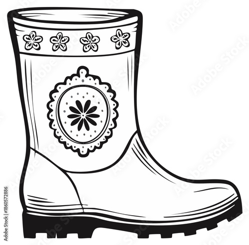 Hand-drawn floral patterned rain boot for garden and outdoor activities