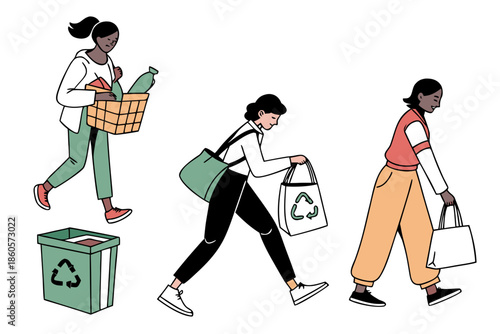 People carrying shopping bags and recycled items towards a recycling bin.