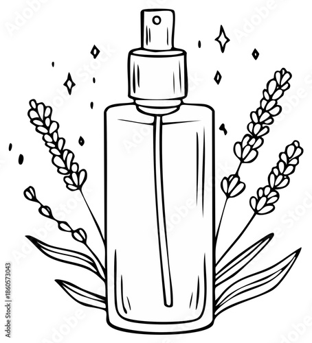 Essential oil spray bottle with lavender illustration