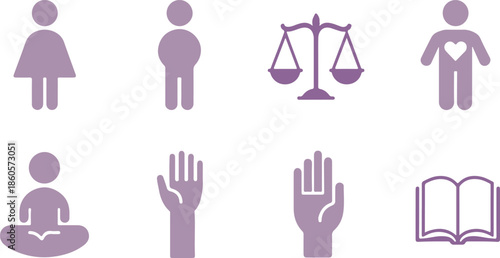 Minimalist icons representing human rights, justice, and spirituality