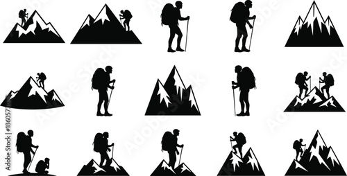 Mountain hiking and climbing silhouette icon set, outdoor adventure, teamwork, nature exploration, vector illustration, black pictogram, travel graphic