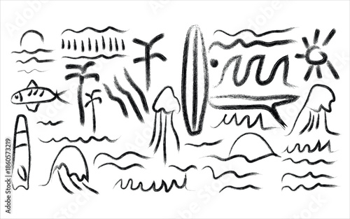 A black and white illustration of a beach scene with various sea creatures and plants