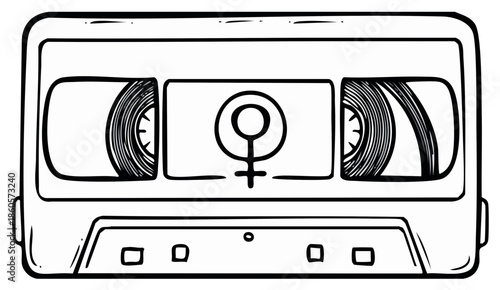 Illustrated audio cassette tape with a female gender symbol in black and white