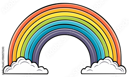 Colorful rainbow graphic with fluffy clouds isolated on white background