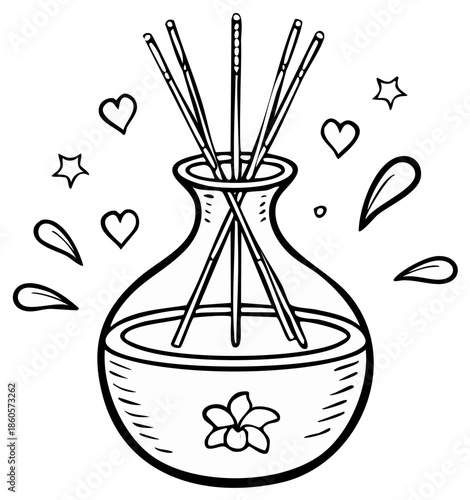 Line art illustration of a reed diffuser with decorative hearts and stars, symbolizing relaxation and home fragrance.