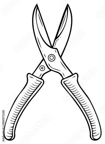 Outline illustration of garden shears tool with open blades and plastic handles. Drawing of pruning scissors.