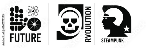 Black and White Evolution Concept from Future Gears and Atom to Steampunk Skull