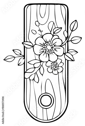 Hand drawn outline of a wooden usb flash drive adorned with delicate floral elements and leaves
