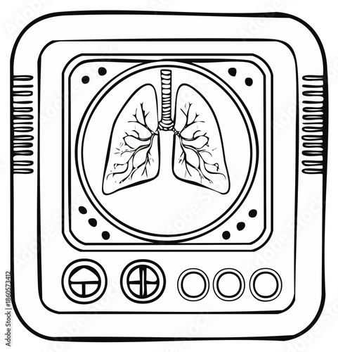 Illustration of a Medical Monitor Displaying a Human Lung X-Ray for Diagnostic Purposes