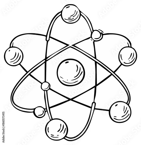 Hand-drawn scientific atomic model illustration with orbiting electrons and central nucleus