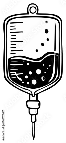 Medical IV Bag Illustration with Dripping Needle Fluid and Bubbles Black and White Line Art