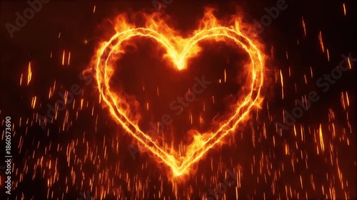 A vibrant heart shape outlined in bright orange flames with fiery sparks flying against a dark, smoky background, symbolizing passion and intense love.