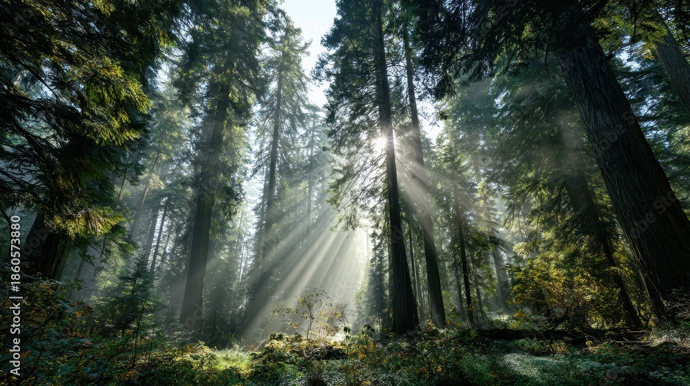 Obraz premium Sunlight filters through tall trees in a forest during morning hours creating a warm atmosphere with beams of light